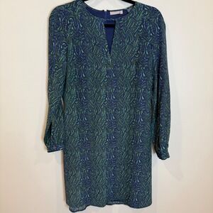 ELLIE KAI Silk Dress Navy Green Abstract Leaf Print V Neck Long Sleeve Size 6